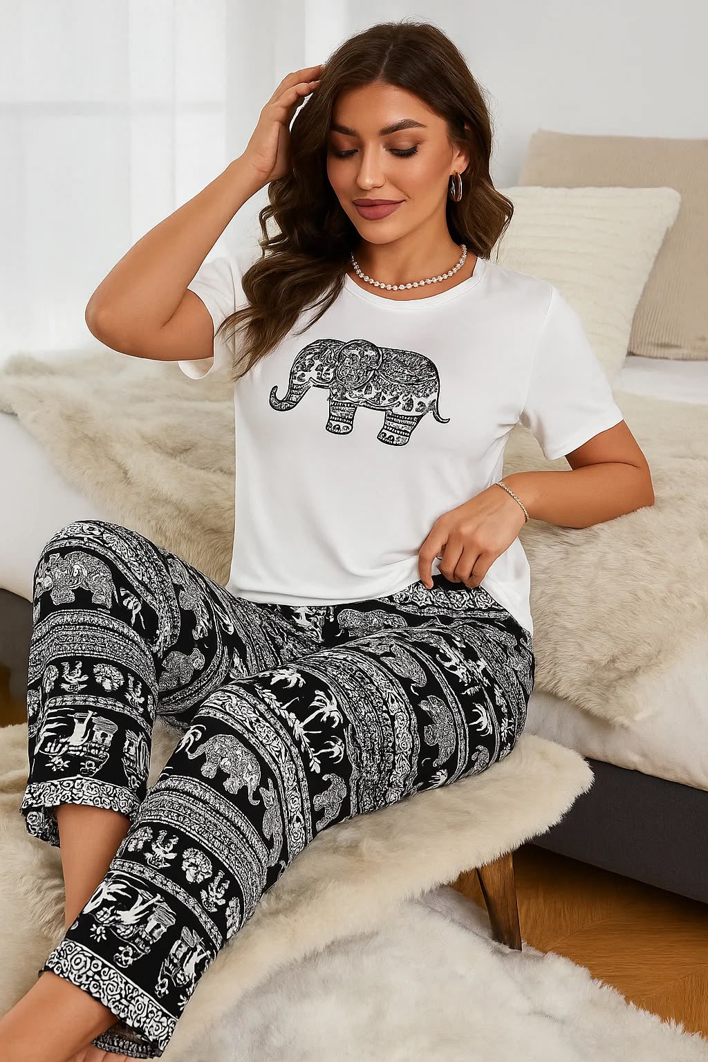 Elephatn Tee Print Lounge Pants Set