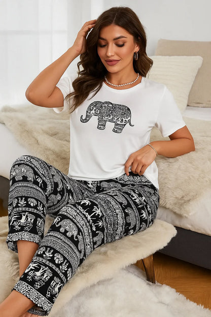 Elephatn Tee Print Lounge Pants Set