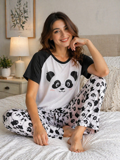 Panda Hugs: Cute Black & White Raglan Sleeve Panda Print Pajama Set