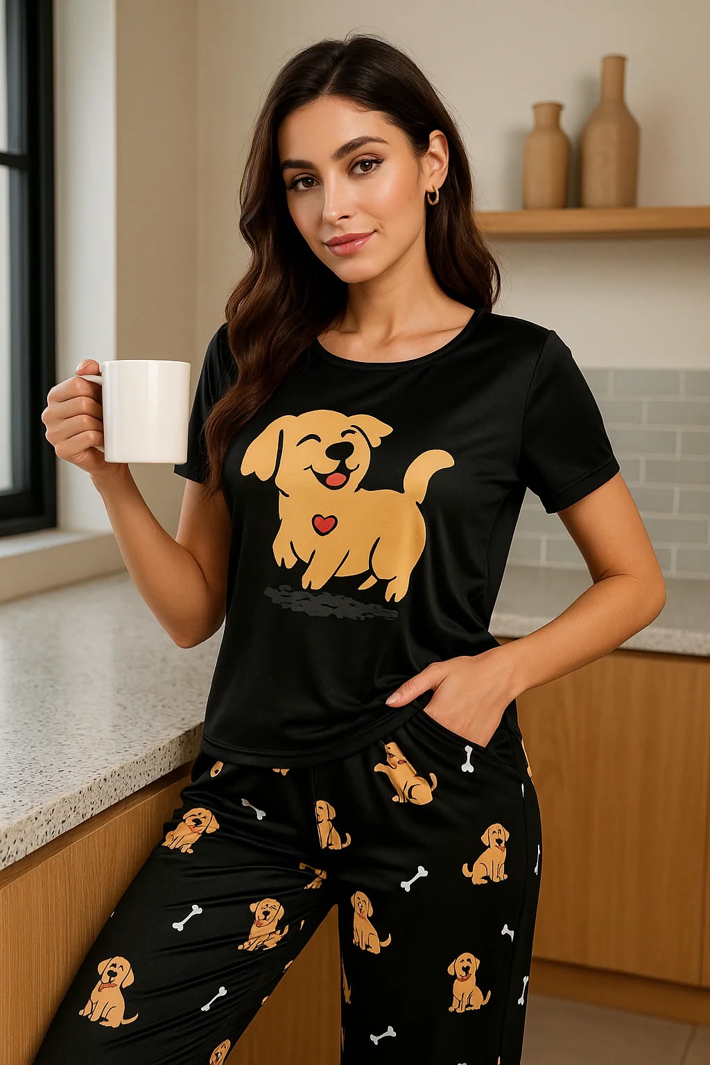 Cozy Paw-fection: Cute Golden Puppy Print Nightwear Pajama Set