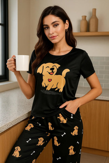 Cozy Paw-fection: Cute Golden Puppy Print Nightwear Pajama Set
