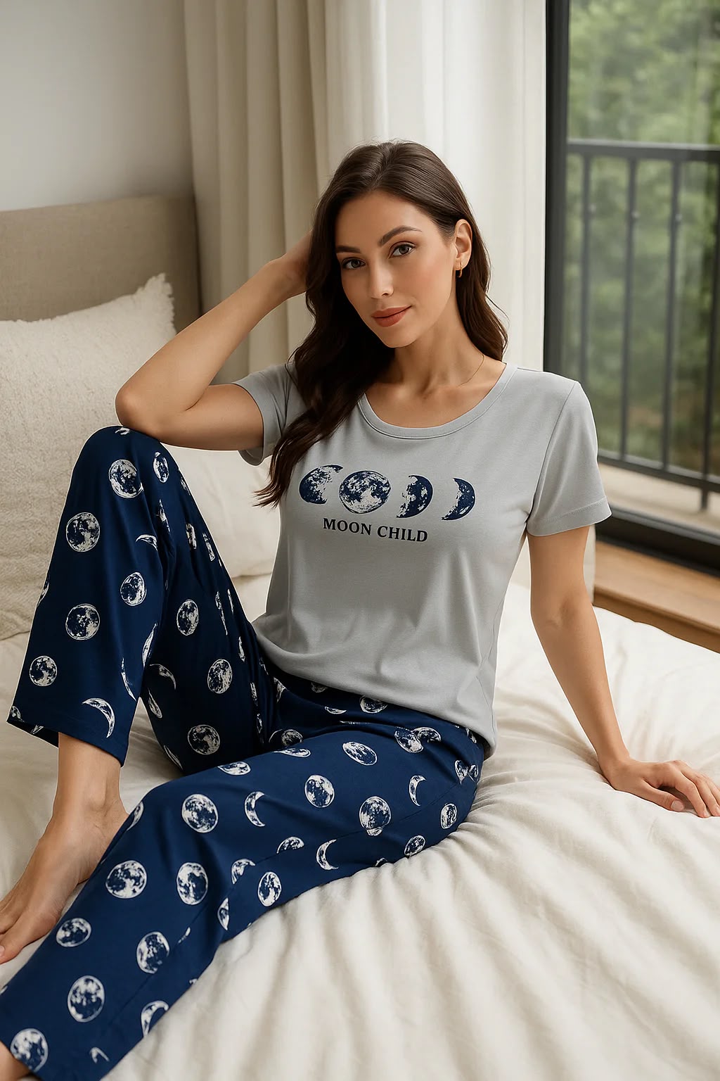 Celestial Dream: Cute "Moon Child" Grey & Navy Pajama Set