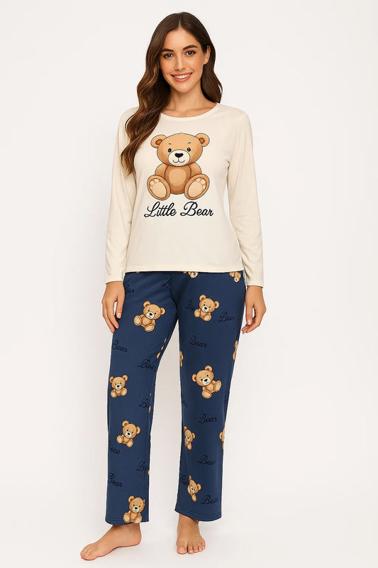 Teddy Bear Hugs: Cute Cream & Navy Blue Full-Sleeve Pajama Set