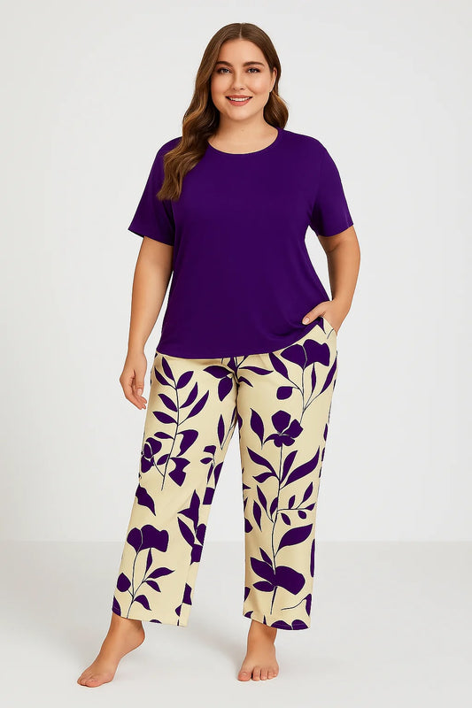 Royal Purple Elegance: Women's Solid T-Shirt & Floral Printed Pajama Set