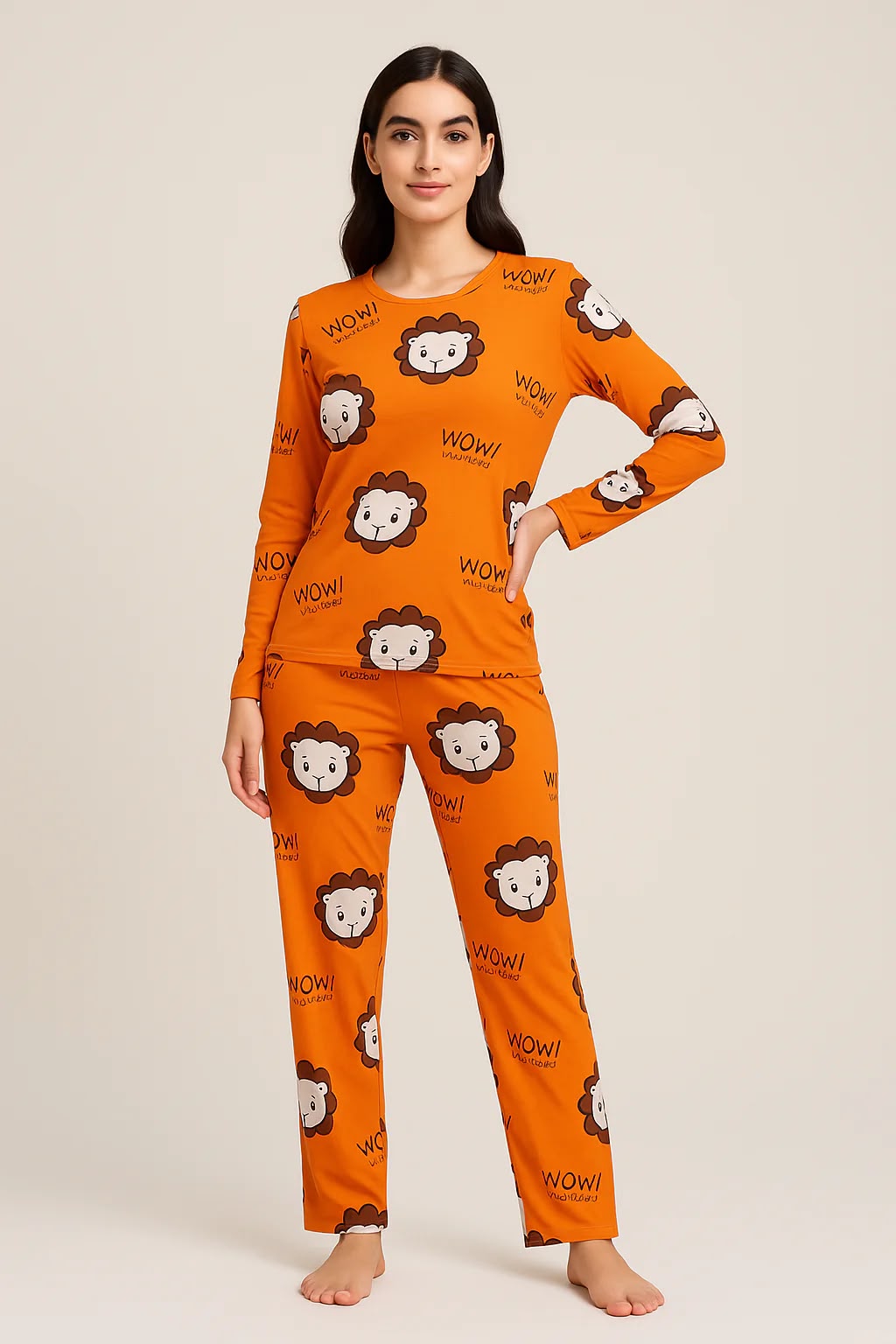 Wildly Cozy: Cute Orange Lion & "WOW!" Print Full-Sleeve Pajama Set