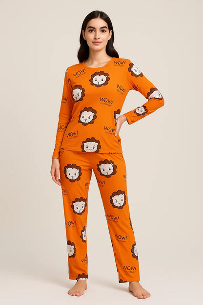 Wildly Cozy: Cute Orange Lion & "WOW!" Print Full-Sleeve Pajama Set
