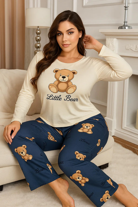 Teddy Bear Hugs: Cute Cream & Navy Blue Full-Sleeve Pajama Set