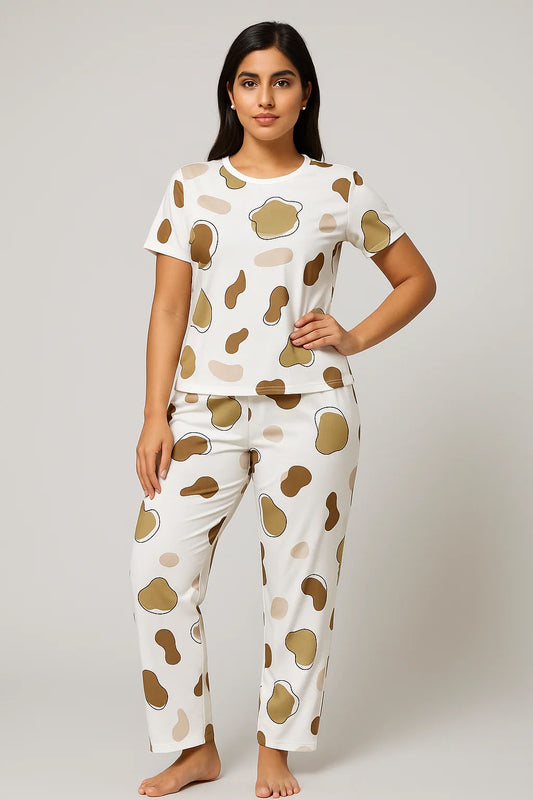 Minimalist Chic: Women's White & Earthy Neutral Abstract Pattern Pajama Set
