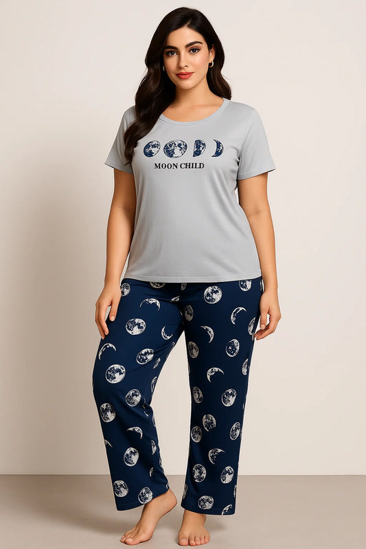 Celestial Dream: Cute "Moon Child" Grey & Navy Pajama Set