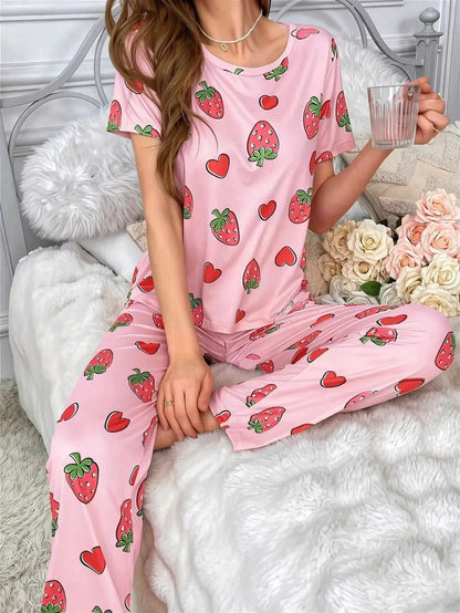 Berry Sweet: Cute Pink Strawberry & Hearts All-Over Print Pajama Set