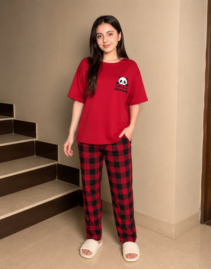 Women's 2-Piece Printed Pajama Set - Red Cute Panda Tee & Plaid Trousers