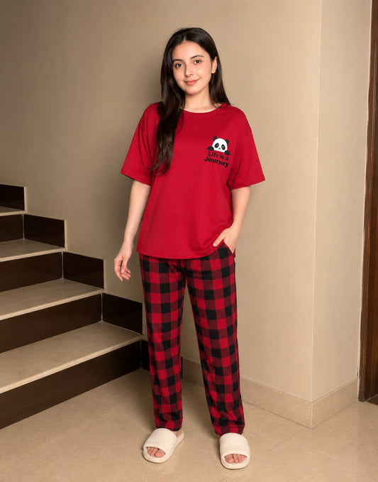 Women's 2-Piece Printed Pajama Set - Red Cute Panda Tee & Plaid Trousers