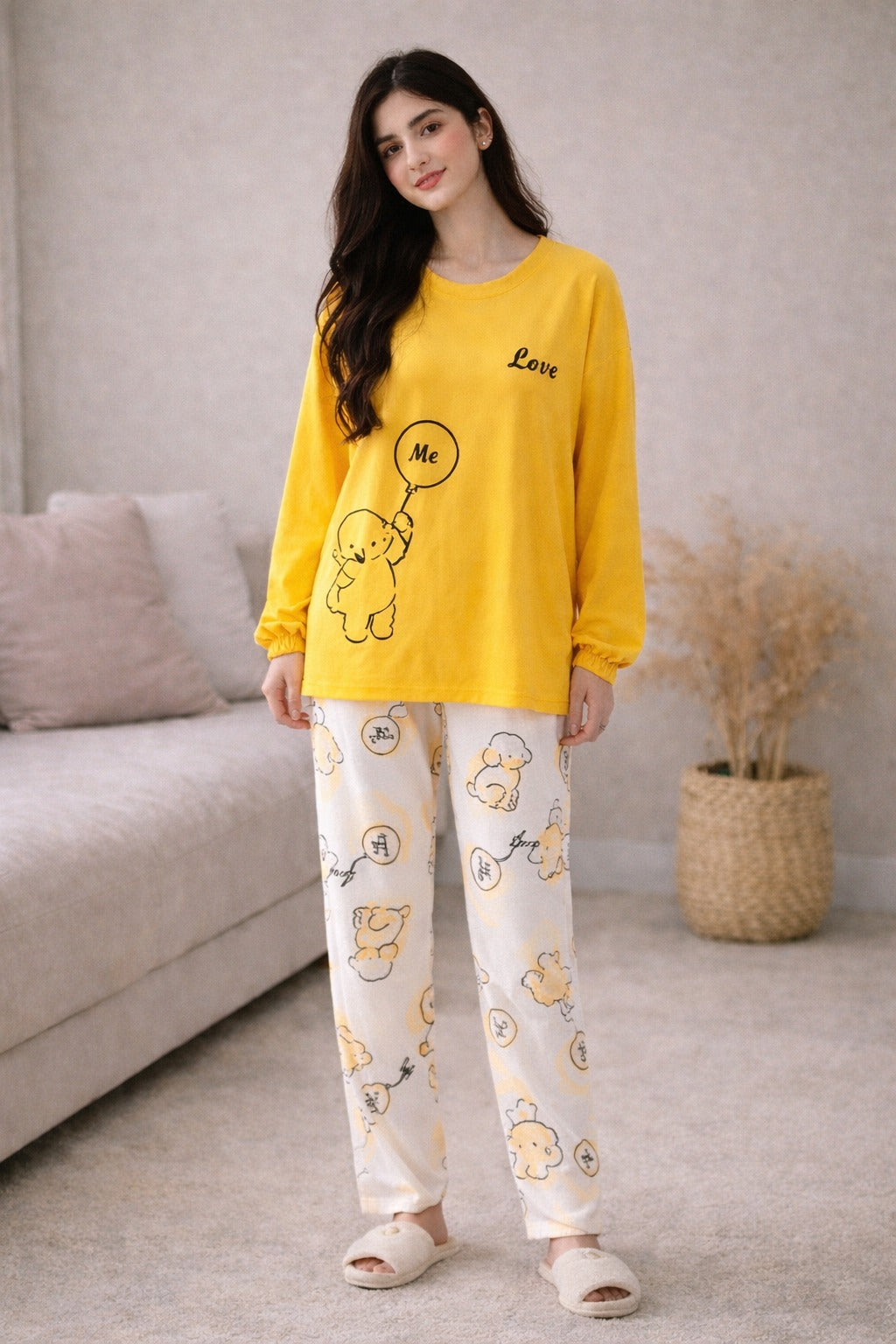 Vibrant Yellow "Love Me" Cartoon Balloon Pajama Set