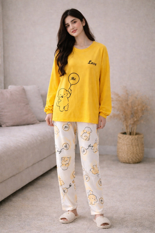 Vibrant Yellow "Love Me" Cartoon Balloon Pajama Set