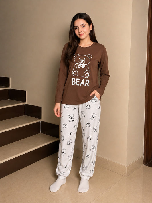 Cozy Teddy Bear Chocolate Brown Women's 2-Piece Nightwear Set