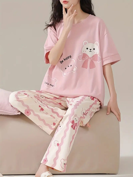 Pastel Pink "Be Happy" Teddy Bear Women's Nightwear Set