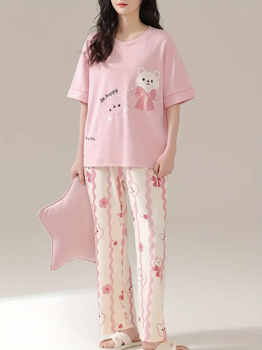 Pastel Pink "Be Happy" Teddy Bear Women's Nightwear Set