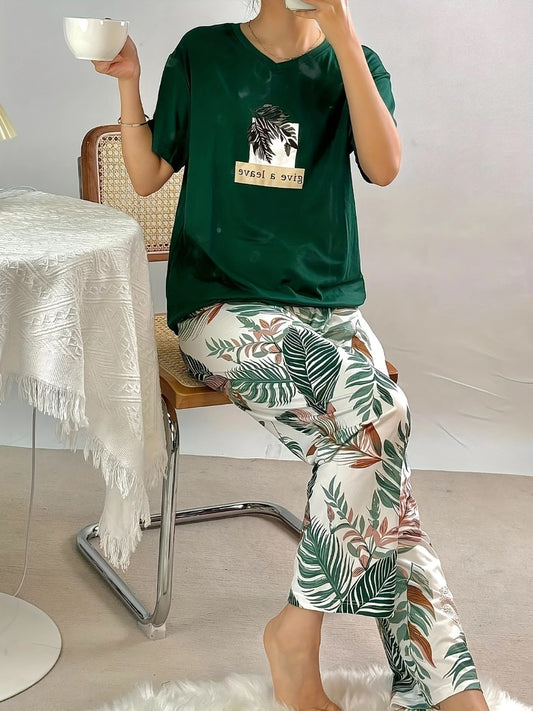 Women’s 2-Piece Loungewear Set – Emerald Green Tee & Tropical Leaf Print Pajamas