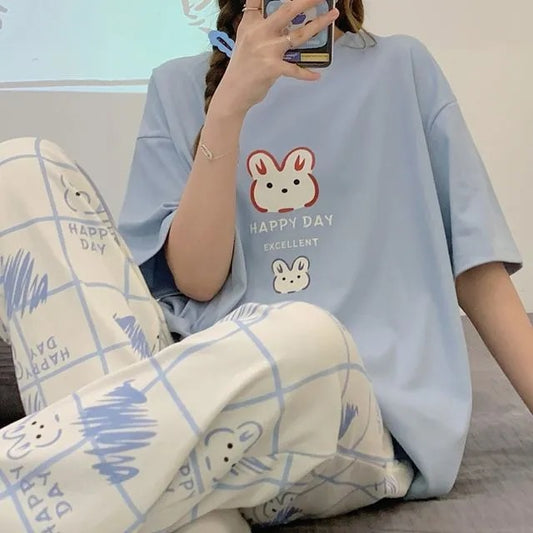 Pastel Powder Blue "Happy Day" Bunny Women's 2-Piece Nightwear Set