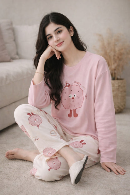 Cute Pink "Happy Every Day" Cookie Monster Women's Nightwear Set