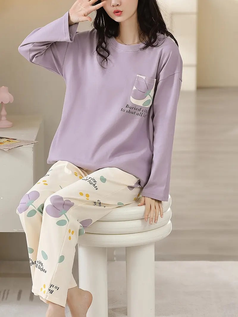 Pastel Floral & Teddy Bear Printed Women's 2-Piece Nightwear Collection