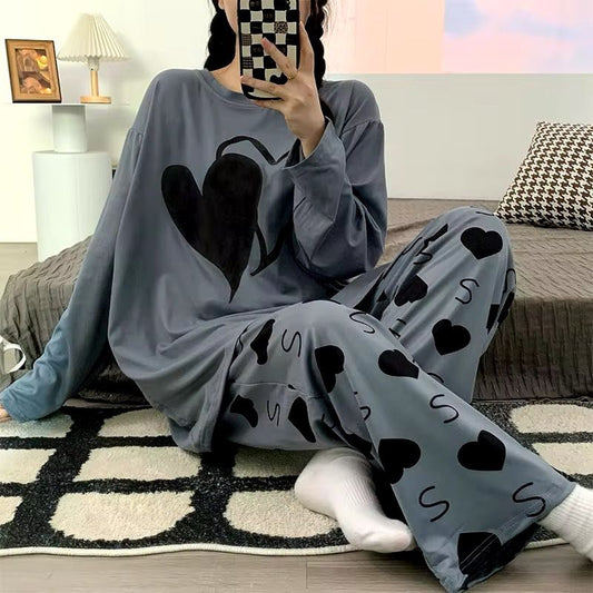 Chic Charcoal Grey Dual-Heart Women's Nightwear Set