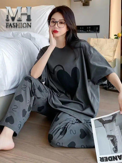 Chic Charcoal Grey Dual-Heart Women's Nightwear Set
