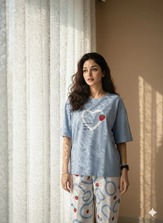 Women's Strawberry & Heart Print Nightwear Set – Pastel Blue Short Sleeve Tee & Printed Pajamas