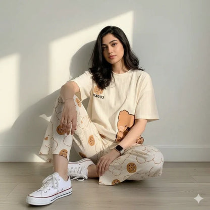 Sweet Cream "Cookie Bear" Women's 2-Piece Ribbed Nightwear Set