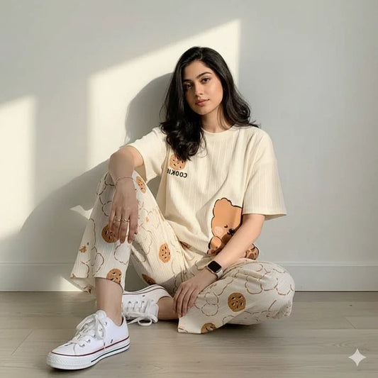Sweet Cream "Cookie Bear" Women's 2-Piece Ribbed Nightwear Set