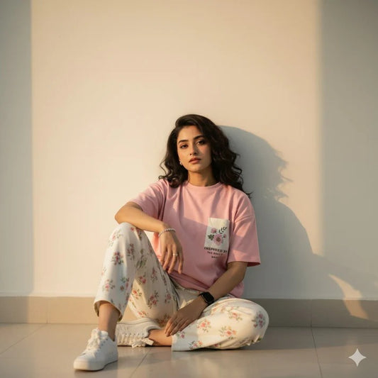 Women's 2-Piece Printed Pajama Set - Pastel Pink Pocket Tee & Floral Trousers