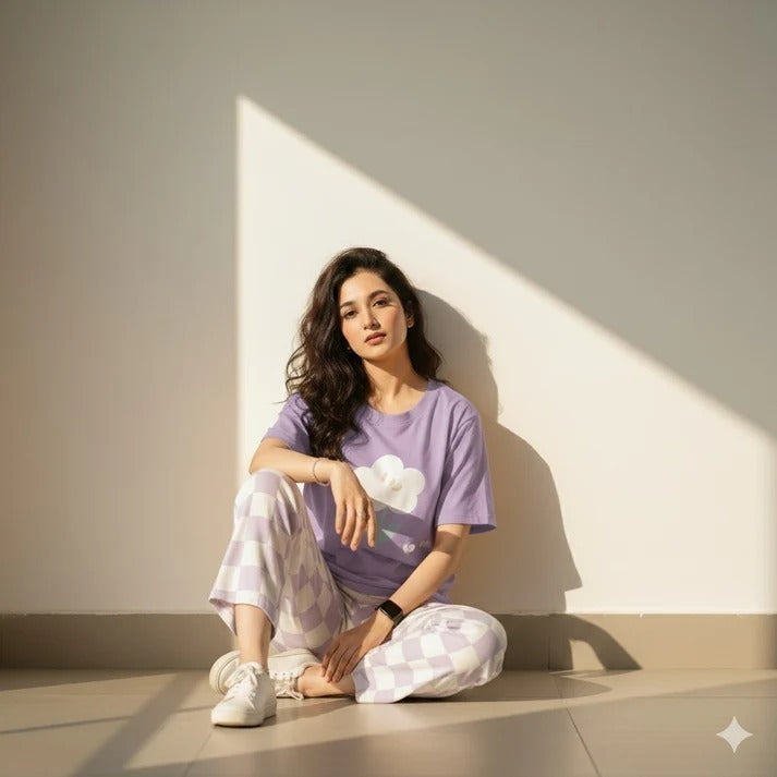 Soft Lavender White Flower Women's 2-Piece Nightwear Set