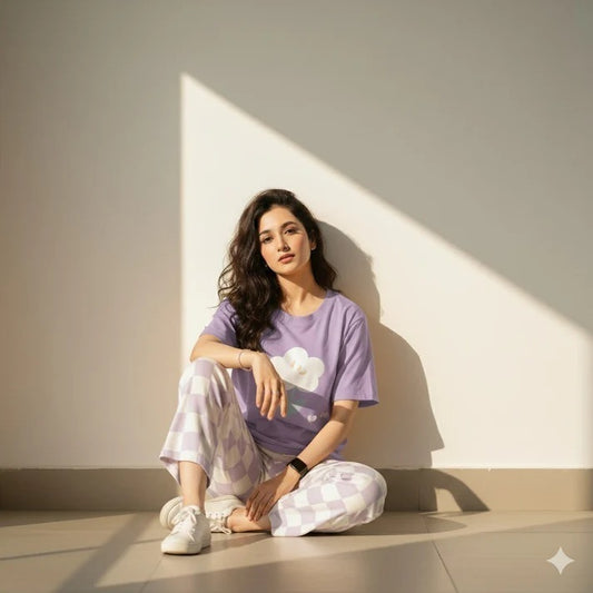 Soft Lavender White Flower Women's 2-Piece Nightwear Set