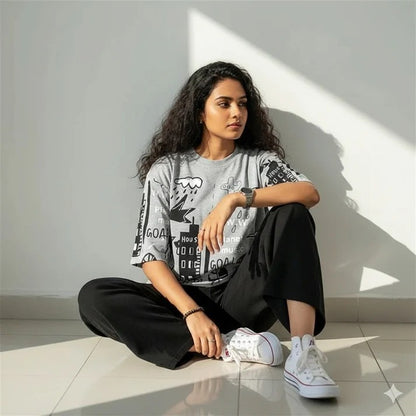Urban Doodle Vibes: Women's Oversized Graffiti Print Top & Wide-Leg Pants Set