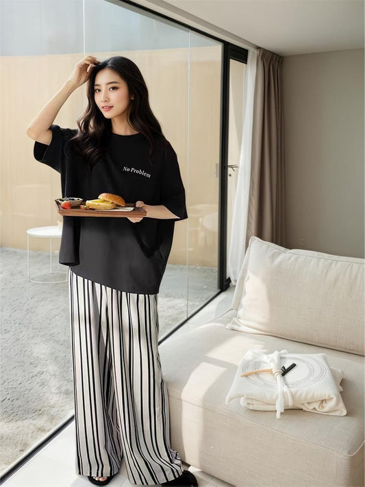 Classic Jet Black "No Problem" Typographic Women's 2-Piece Nightwear Set