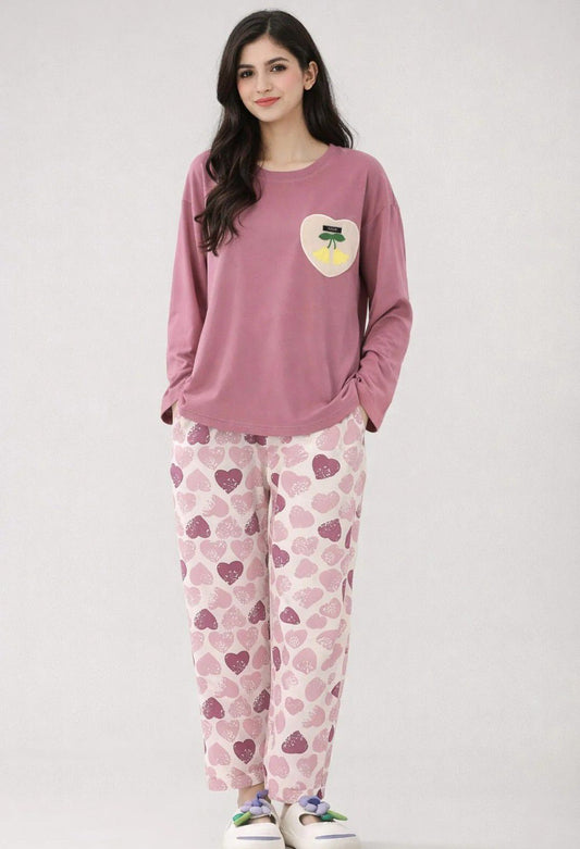 Women's 2-Piece Long-Sleeve Pajama Set - Mauve Pink Top & Multi-Heart Print Trousers