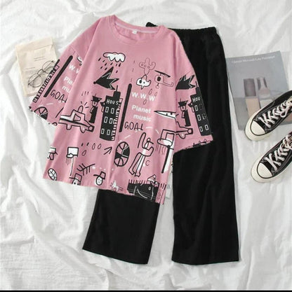 Urban Doodle Vibes: Women's Oversized Graffiti Print Top & Wide-Leg Pants Set