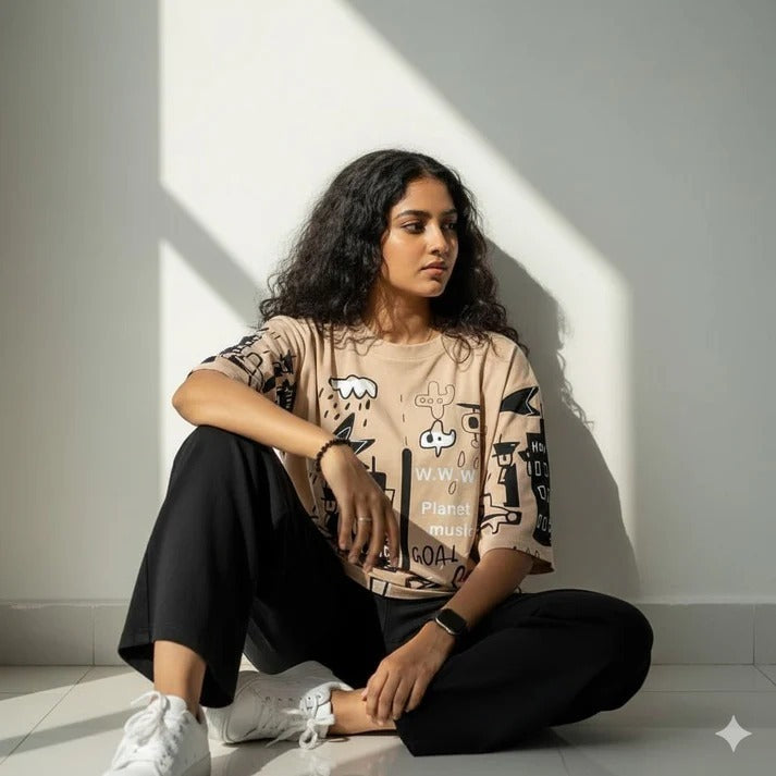 Urban Doodle Vibes: Women's Oversized Graffiti Print Top & Wide-Leg Pants Set