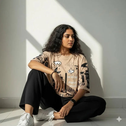 Urban Doodle Vibes: Women's Oversized Graffiti Print Top & Wide-Leg Pants Set