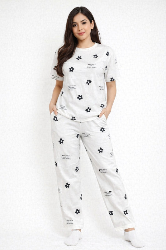 Women's 2-Piece Printed Pajama Set - Off-White Daisy & Quote Printed Loungewear