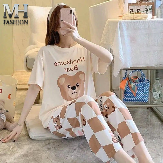 Sweet Cream & Brown "Handsome Bear" Women's 2-Piece Nightwear Set