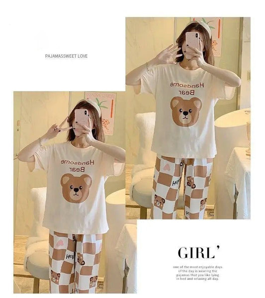 Sweet Cream & Brown "Handsome Bear" Women's 2-Piece Nightwear Set