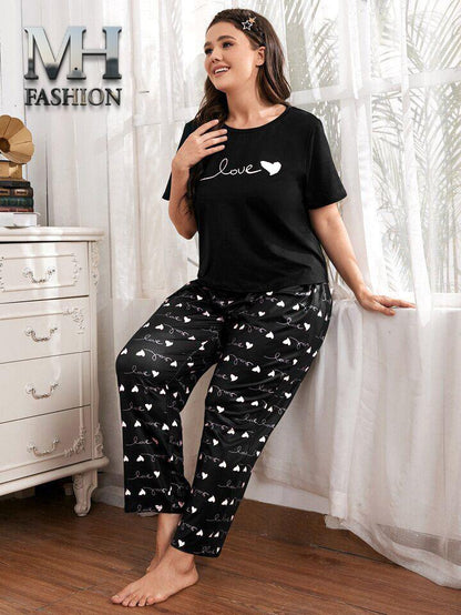Women's Black 2-Piece Nightwear Set – "Love" Heart Graphic Tee & Printed Pajamas