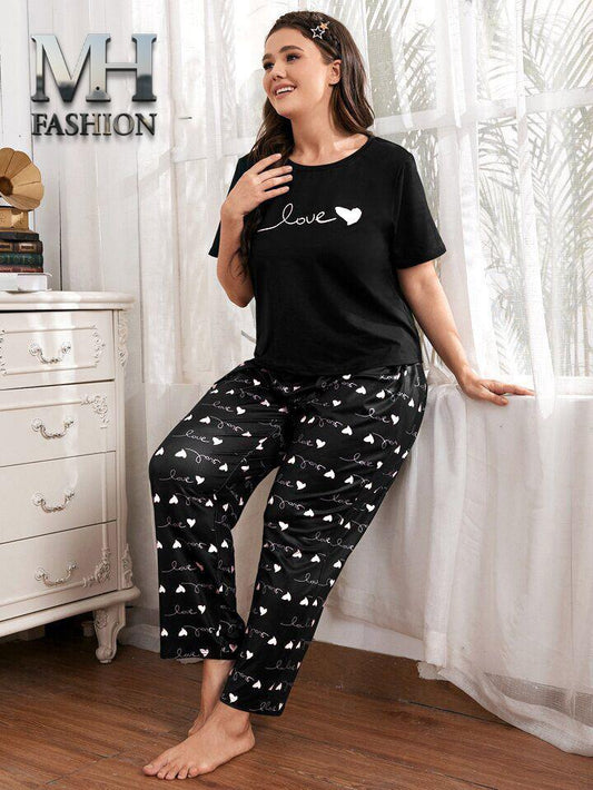 Women's Black 2-Piece Nightwear Set – "Love" Heart Graphic Tee & Printed Pajamas