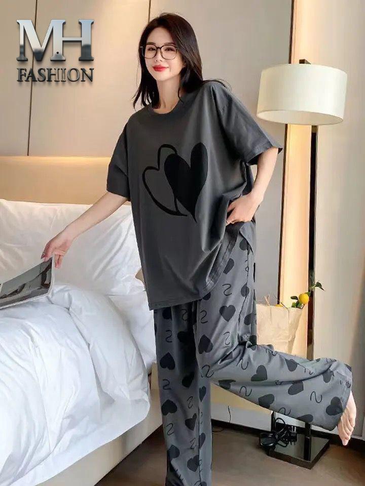Chic Charcoal Grey Dual-Heart Women's Nightwear Set
