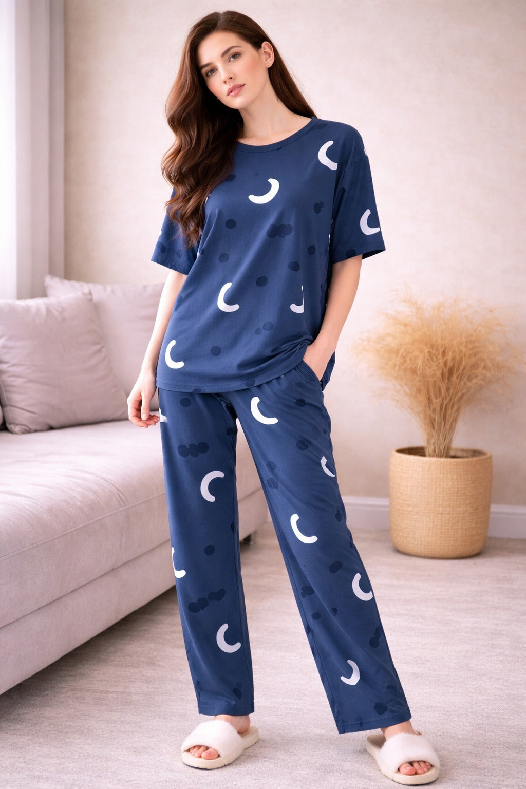 Women's Premium 2-Piece Nightwear Set – Navy Blue Crescent Moon & Polka Dot Printed Lounge Set