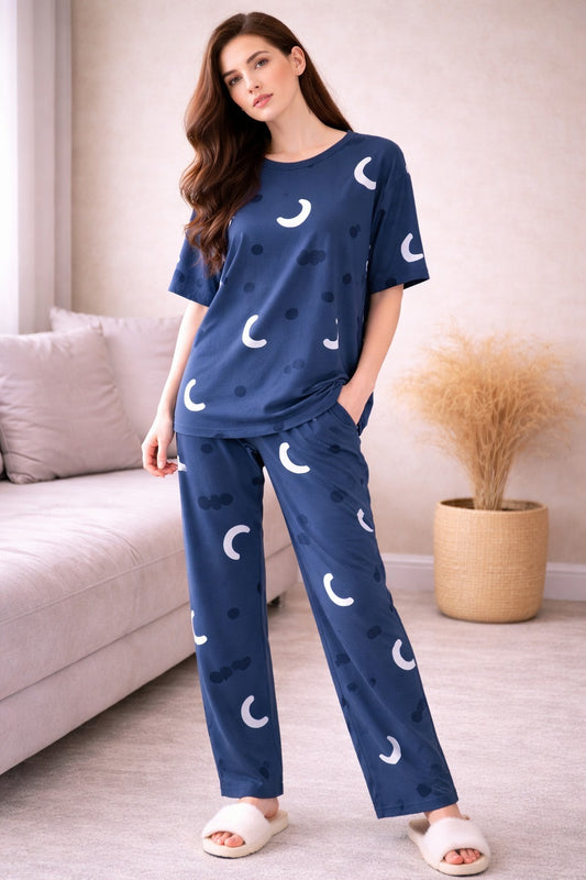 Women's Premium 2-Piece Nightwear Set – Navy Blue Crescent Moon & Polka Dot Printed Lounge Set