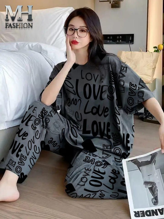 Modern Charcoal Grey "LOVE" Typography Women's 2-Piece Nightwear Set