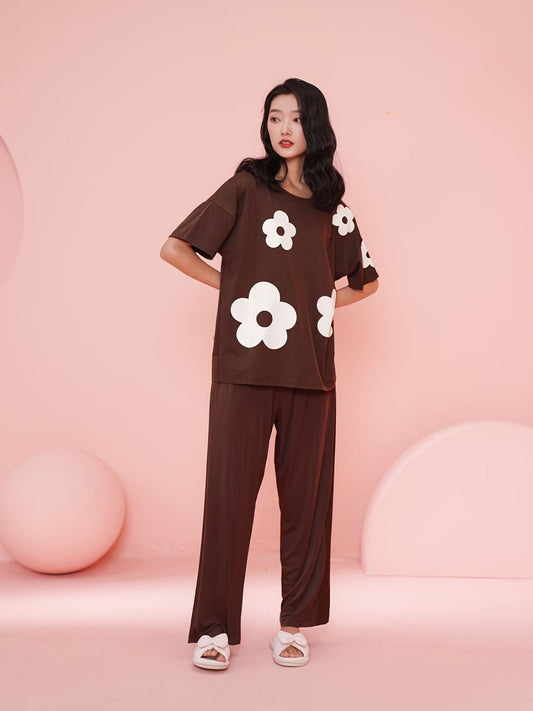 Rich Chocolate Brown Retro Daisy Women's 2-Piece Nightwear Set