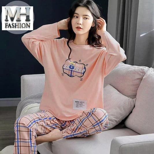 Women's Cotton Nightwear Set – Cute Peach Full-Sleeve Top with Plaid Pajamas
